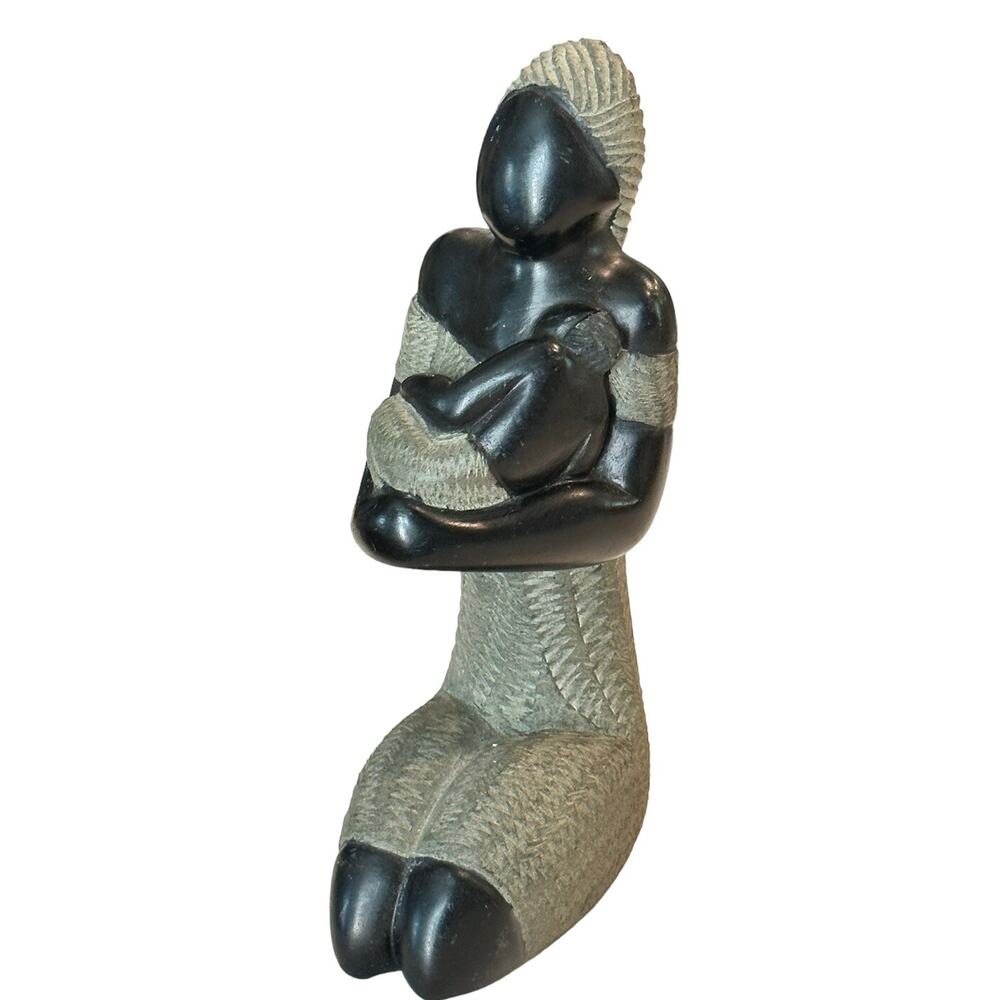 African Tribal Sculpture Figurine Mother And Baby Kenya Carved Stone 8” Tall